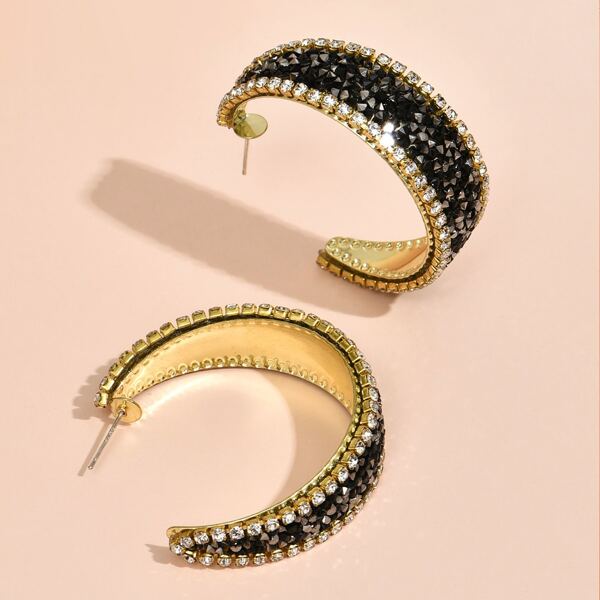 

Rhinestone Decor Open Hoop Earrings, Black