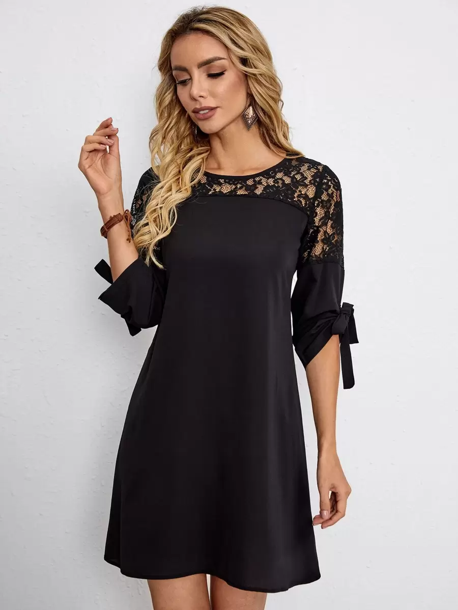 EMERY ROSE Contrast Lace Knot Cuff Tunic Dress