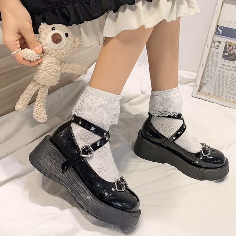 

Heart Buckle Wedge Mary Janes, Black
