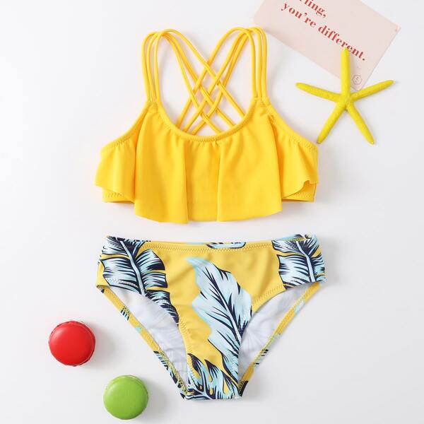 

Toddler Girls Tropical Print Flounce Bikini Swimsuit, Yellow