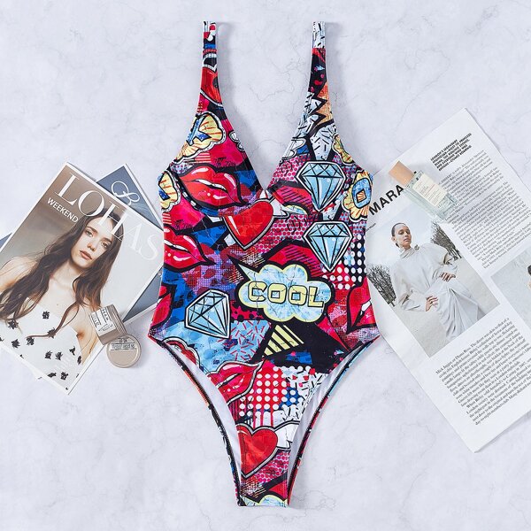 

Pop Art Print Underwire One Piece Swimsuit, Multicolor