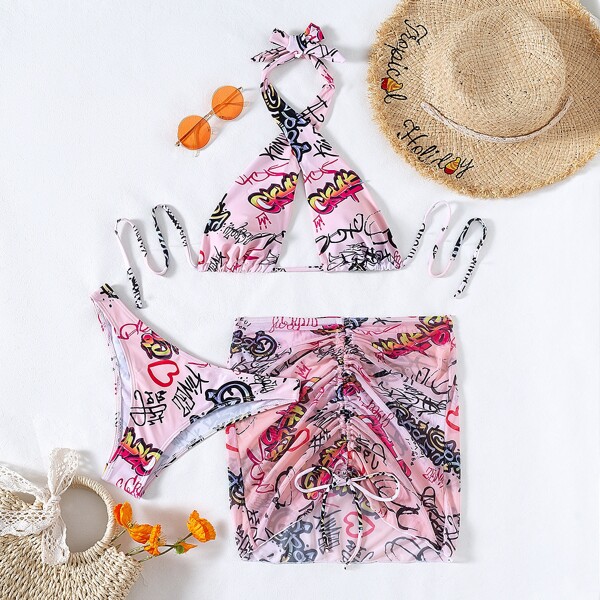 

3pack Letter Graphic Cross Neck Bikini Swimsuit & Beach Skirt, Multicolor