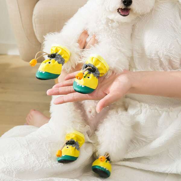 

4pcs Cartoon Graphic Pet Rain Boots, Yellow