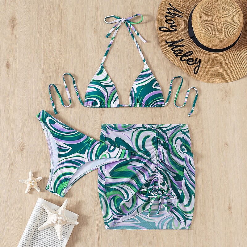 

3pack Allover Print Halter Bikini Swimsuit & Cover Up, Multicolor