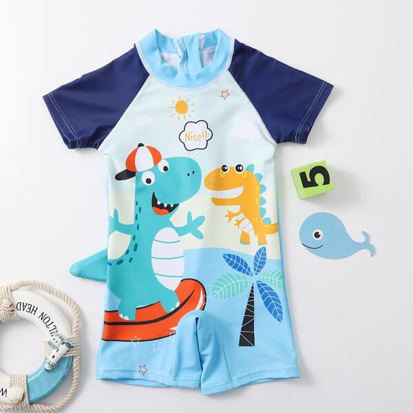 

Baby Boy Cartoon Dinosaur Print Zipper Front One Piece Swimsuit, Multicolor