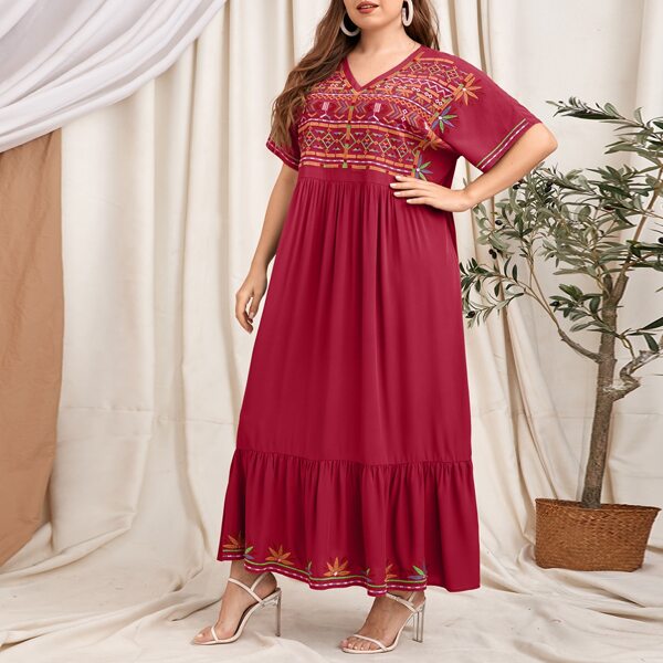 

Plus Geo Embroidery Ruffle Hem Smock Dress, Burgundy