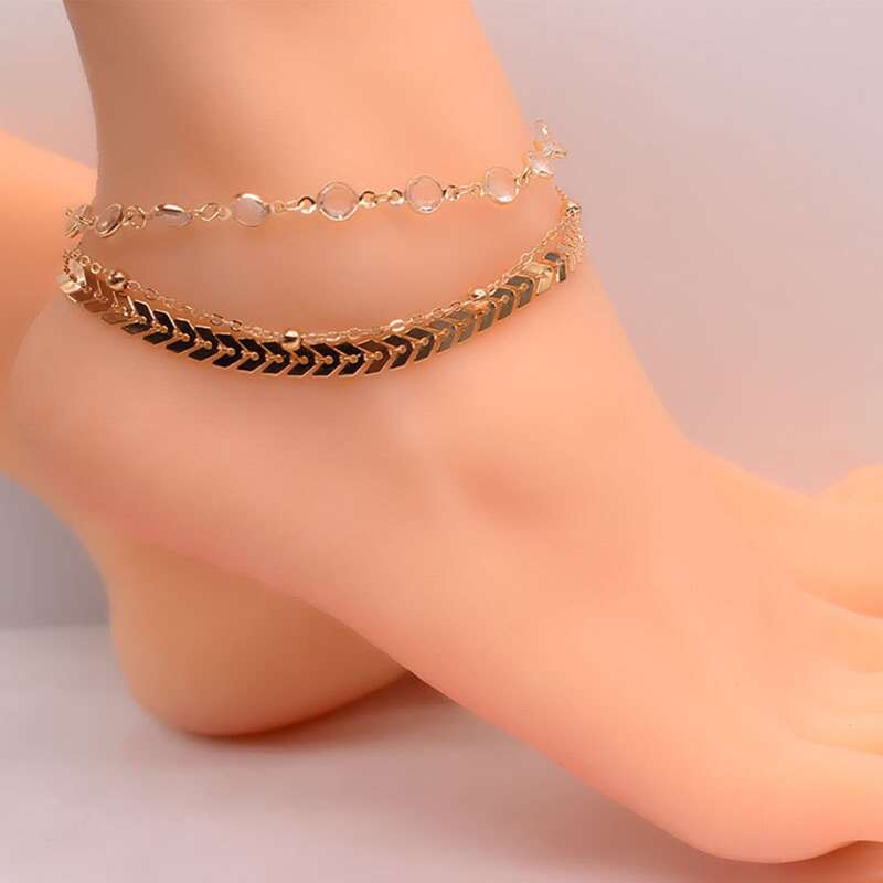 

1pc Crystal Layered Chain Anklet, Gold