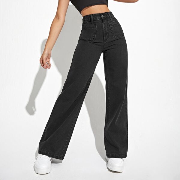 

High Waist Straight Leg Jeans, Black