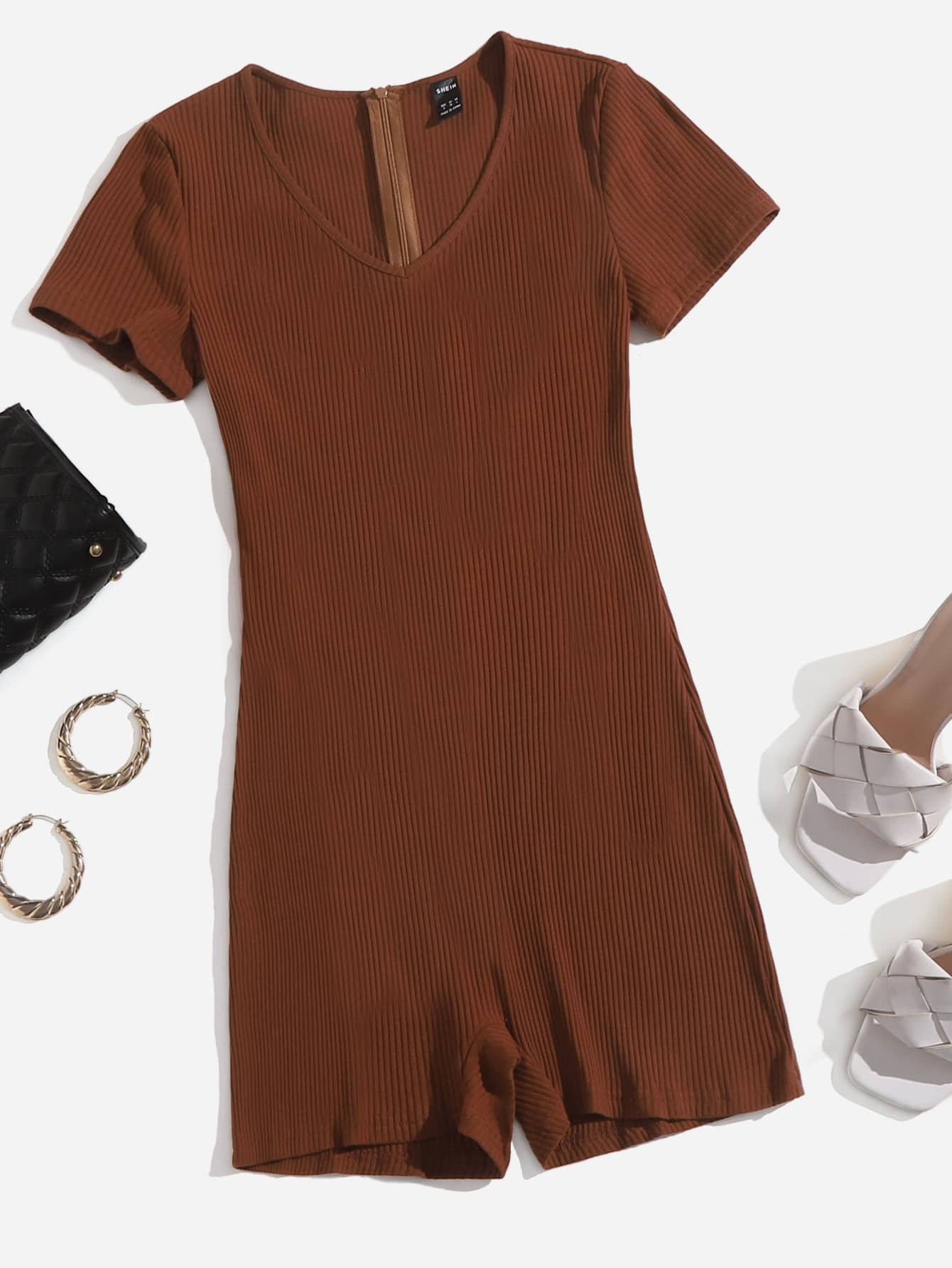 SHEIN Mono tejido de canalé de cuello V