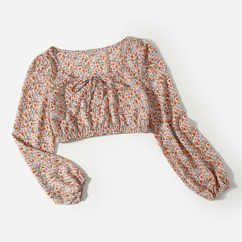 

Ditsy Floral Tie Neck Crop Blouse, Multicolor