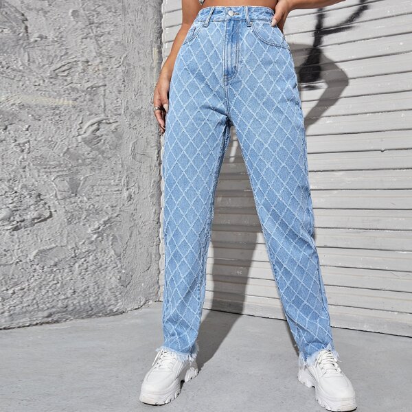 

Argyle Pattern Raw Hem Jeans, Light wash