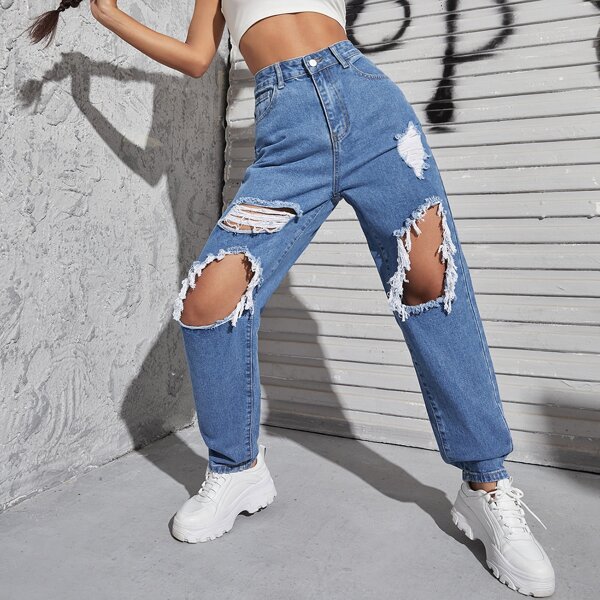 

Knee Ripped High Waist Jeans, Medium wash