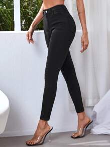 Pantalón ajustado corto sólido para mujer, pantalón casual de primavera / verano - Negro - Ver 5