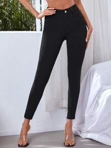 Pantalón ajustado corto sólido para mujer, pantalón casual de primavera / verano - Negro - Ver 1
