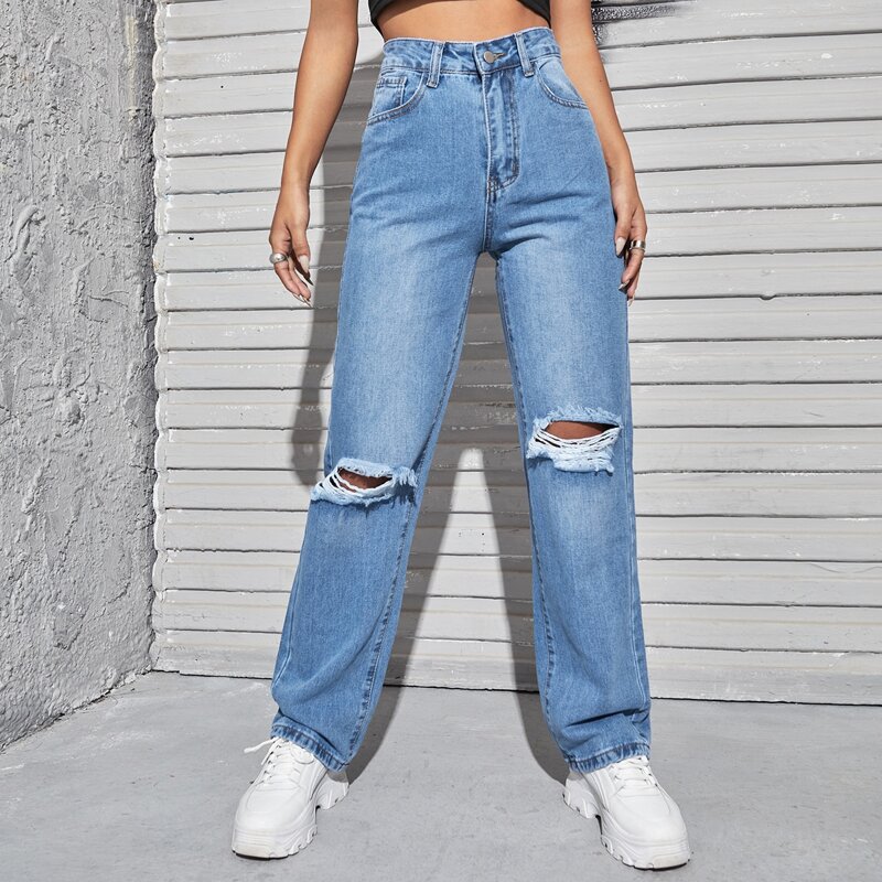 

High Waist Knee Ripped Straight Jeans, Light wash