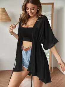 SHEIN Swim Summer Beach Hollow Out Detail Tie Front Kimono - Black - View 4