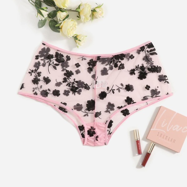 

Plus Floral Print Mesh Panty, Baby pink