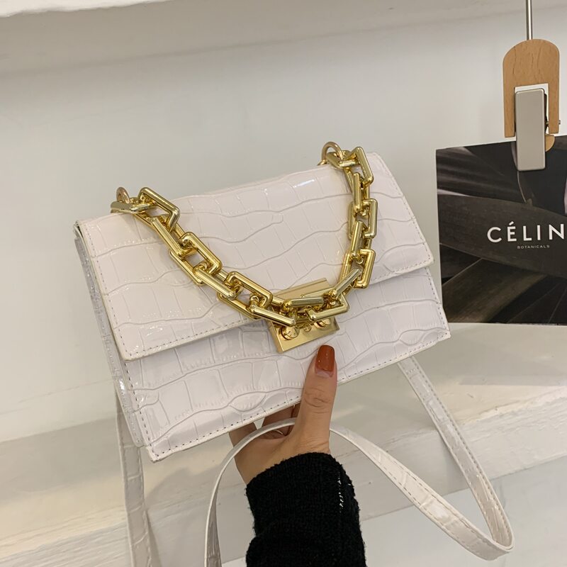 

Croc Embossed Chain Satchel Bag, White