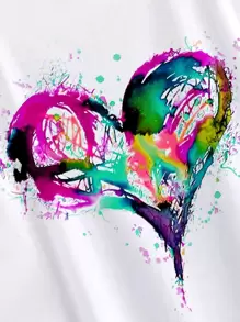 SHEIN LUNE Áo thun tay cánh dơi in hình trái tim cho mùa hè - trắng - Xem 4