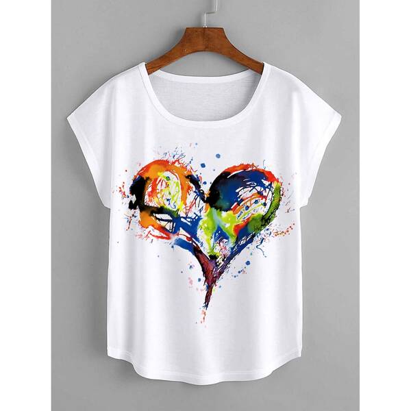 

Plus Heart Print Batwing Sleeve Tee, White