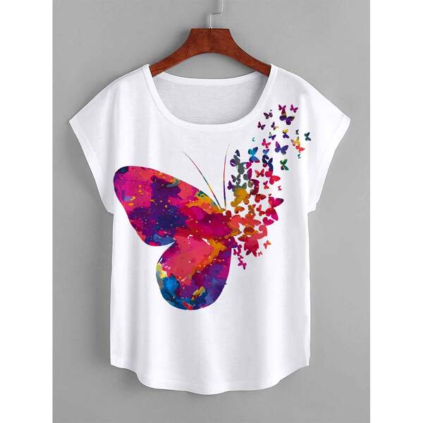 

Plus Butterfly Print Batwing Sleeve Tee, White