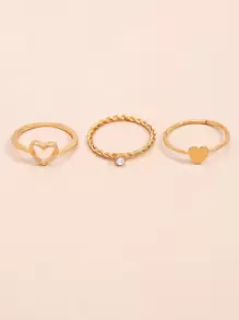 3pcs Heart Decor Ring - Yellow Gold - View 3