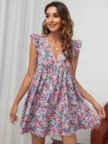 SHEIN VCAY Vestido sisa con fruncido floral - Multicolor - Ver 1