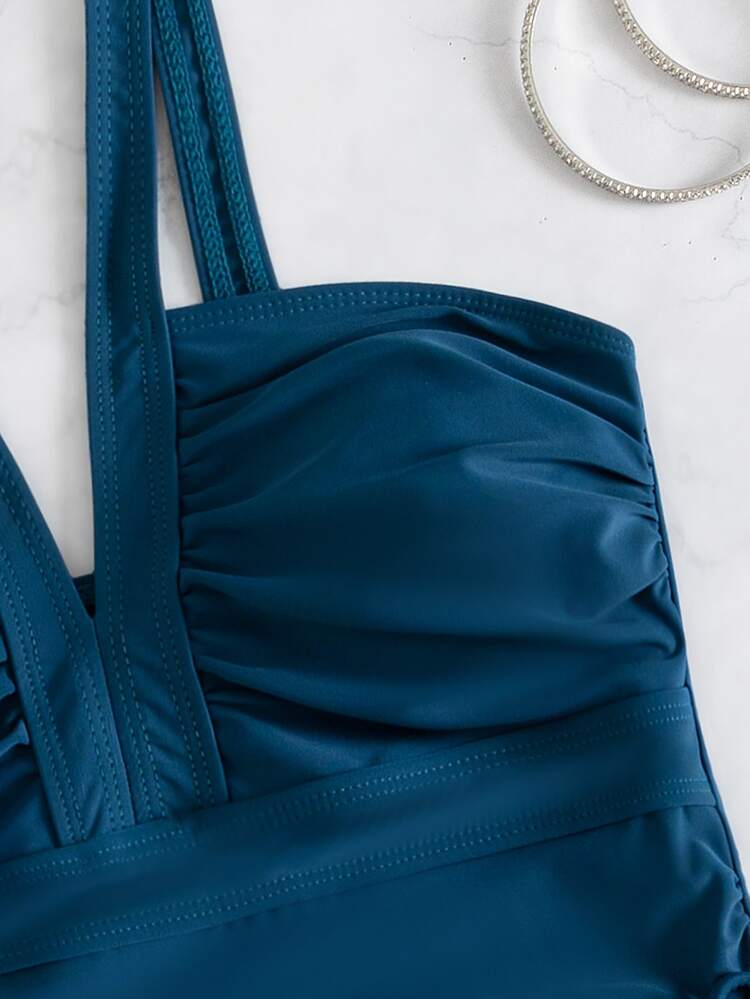 Solid Ruched Tie Side Tankini Top - Navy Blue - View 3