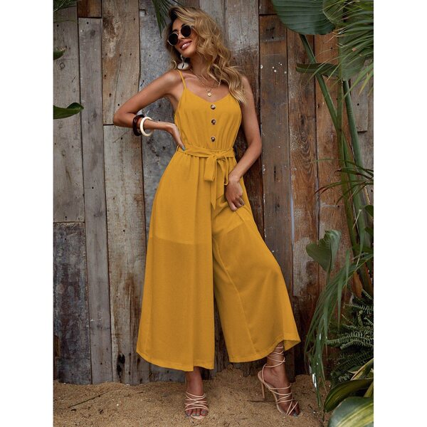 

Fake Button Belted Wide Leg Cami Jumpsuit, Yellow