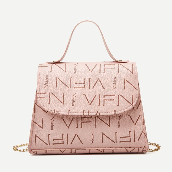 

Letter Graphic Chain Satchel Bag, Pink