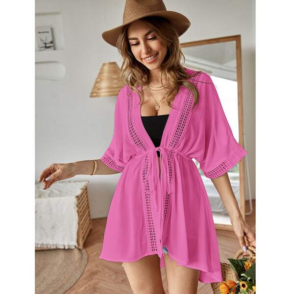 

Hollow Out Detail Tie Front Kimono, Hot pink