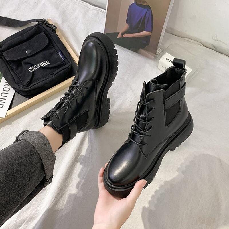 

Buckle Decor Lace-up Front Boots, Black