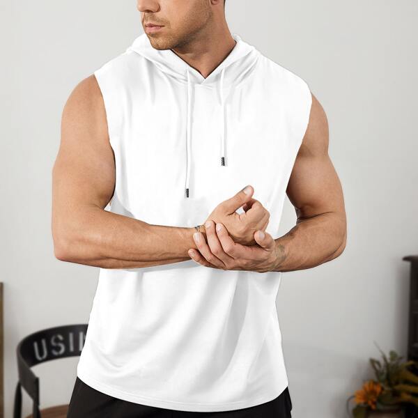 

Men Solid Drawstring Hooded Tank Top, White