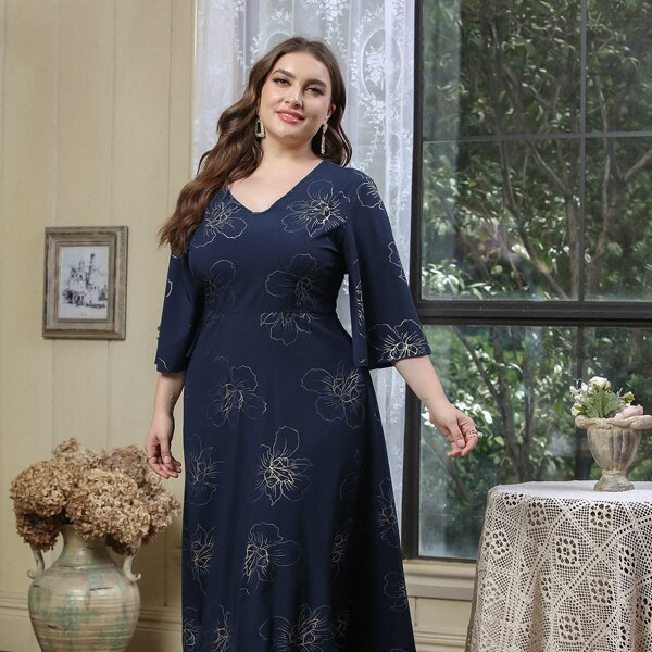 

Plus Floral Print A-line Dress, Navy blue