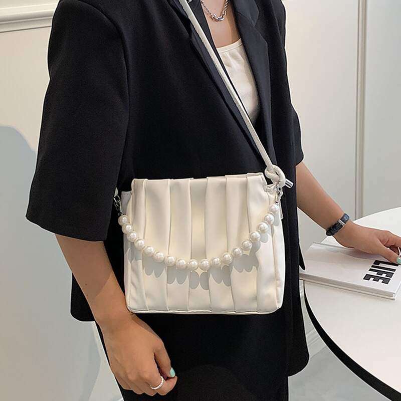 

Faux Pearl Decor Ruched Shoulder Bag, White