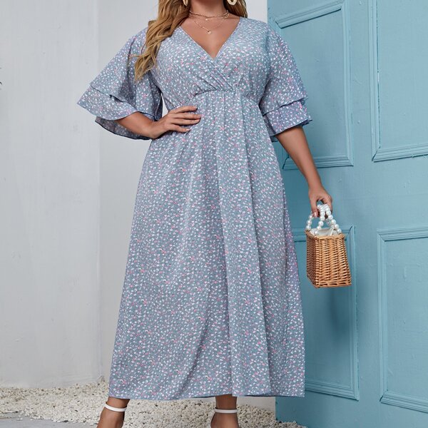 

Plus Ditsy Floral Surplice Neck Butterfly Sleeve Dress, Dusty blue