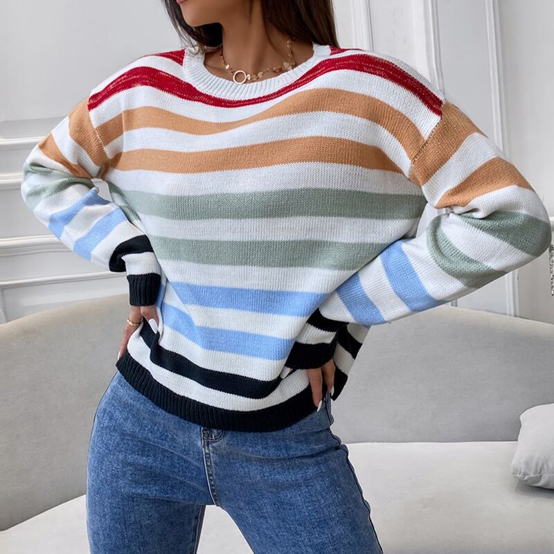 

Rainbow Striped Pattern Drop Shoulder Sweater, Multicolor