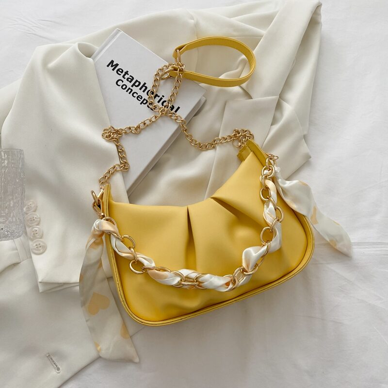 

Scarf Decor Ruched Chain Shoulder Bag, Yellow