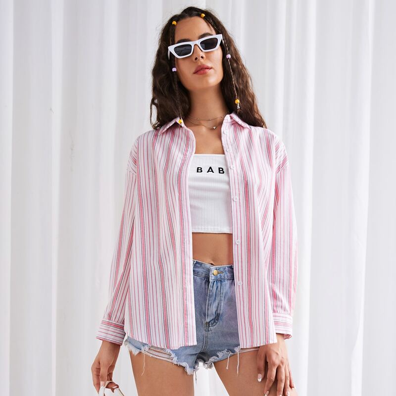 

Striped Print Drop Shoulder Button Up Blouse, Multicolor