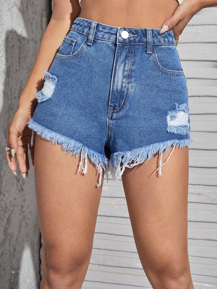 Raw Hem Ripped Denim Shorts - Medium Wash - View 5
