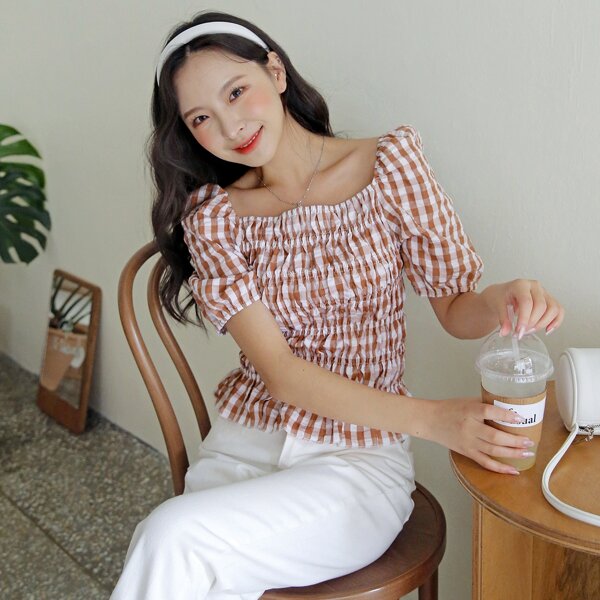 

Gingham Print Smocked Peplum Blouse, Orange