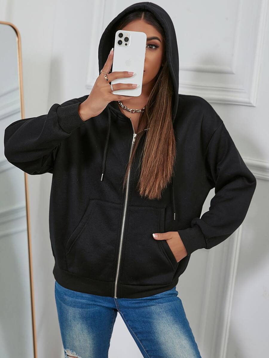Flirla Solid Drawstring Drop Shoulder Hoodie,Long Sleeve Tops Graduation,Back To School Outfits,Graduation,Teacher Outfits For Women,Back To School Pullover Fall Outfit - Black - View 1