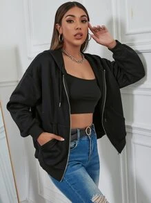 Flirla Solid Drawstring Drop Shoulder Hoodie,Long Sleeve Tops Graduation,Back To School Outfits,Graduation,Teacher Outfits For Women,Back To School Pullover Fall Outfit - Black - View 3