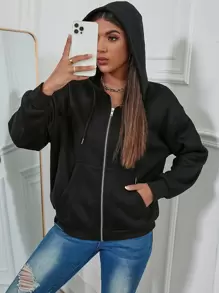 Flirla Solid Drawstring Drop Shoulder Hoodie,Long Sleeve Tops Graduation,Back To School Outfits,Graduation,Teacher Outfits For Women,Back To School Pullover Fall Outfit - Black - View 4