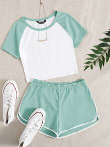 SHEIN EZwear 插肩袖短版上衣和海豚短褲套裝 - 彩色 - 查看 1