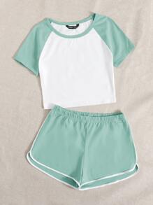 SHEIN EZwear 插肩袖短版上衣和海豚短褲套裝 - 彩色 - 查看 5