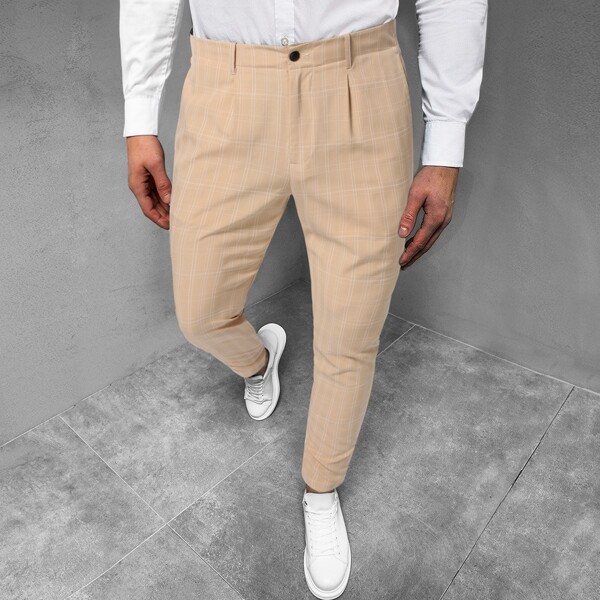 

Men Plaid Print Tapered Pants, Khaki