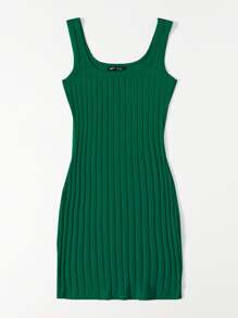 SHEIN Essnce 羅紋針織包臀連衣裙 - 墨綠色 - 查看 3