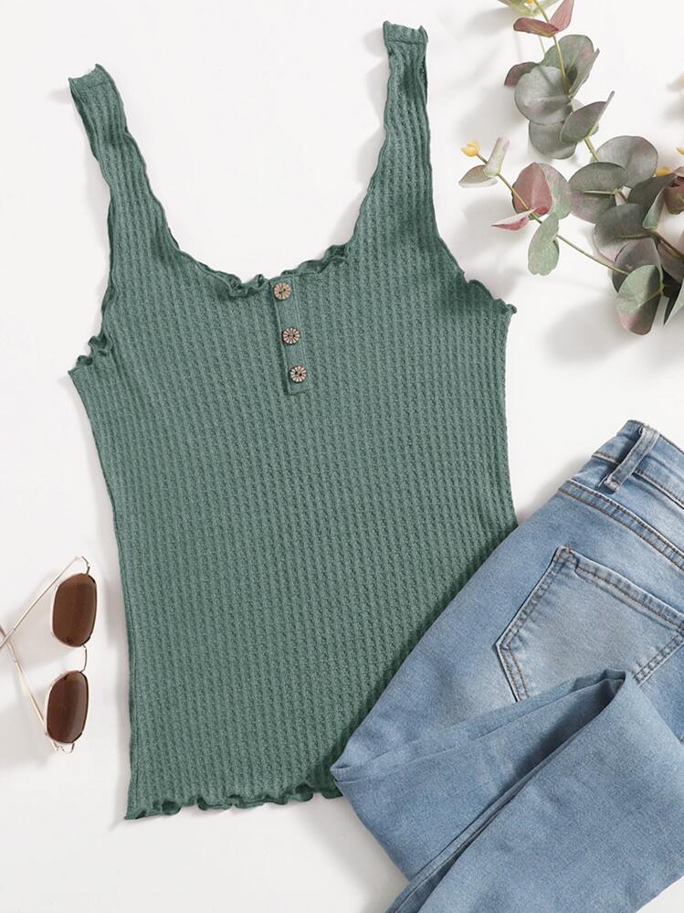 SHEIN Essnce Lettuce Trim Waffle Knit Tank Top - Green - View 1