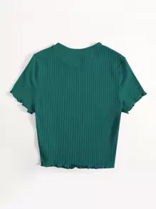 SHEIN EZwear Solid Lettuce Trim Rib-knit Tee - Dark Green - View 2